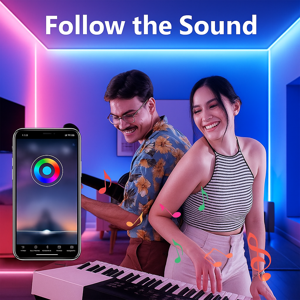 Smart Neon Rope Light with Music Sync and App Control – RGB LED Strip for Mood Lighting